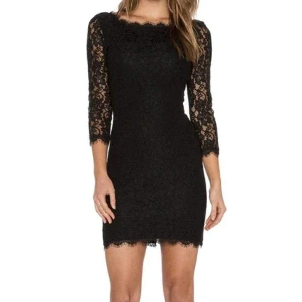 Diane von Furstenburg Zarita 3/4 Sleeve Black Lace Cocktail Dress • Size 0